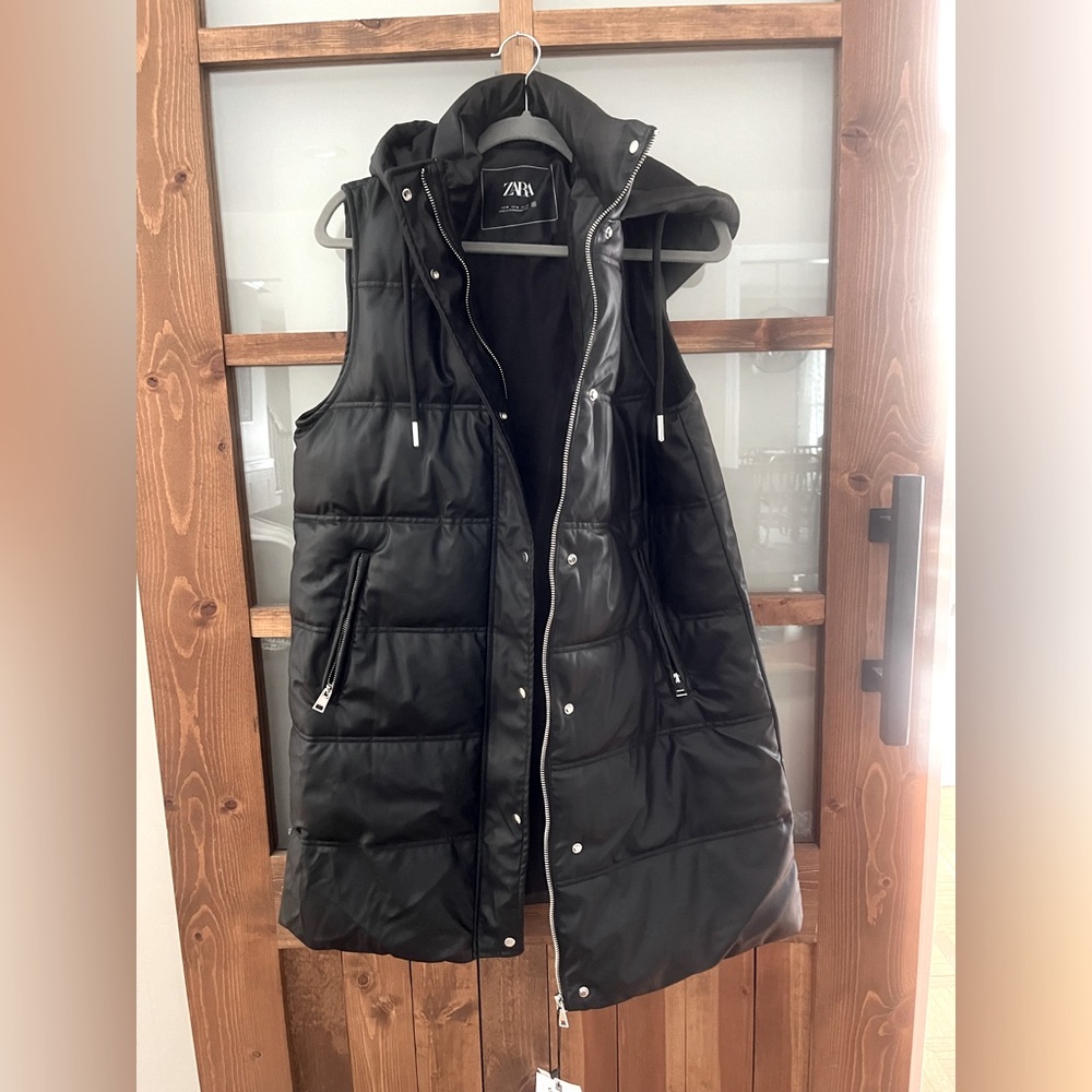 ZARA faux leather long hooded vest. Size Medium-NWT